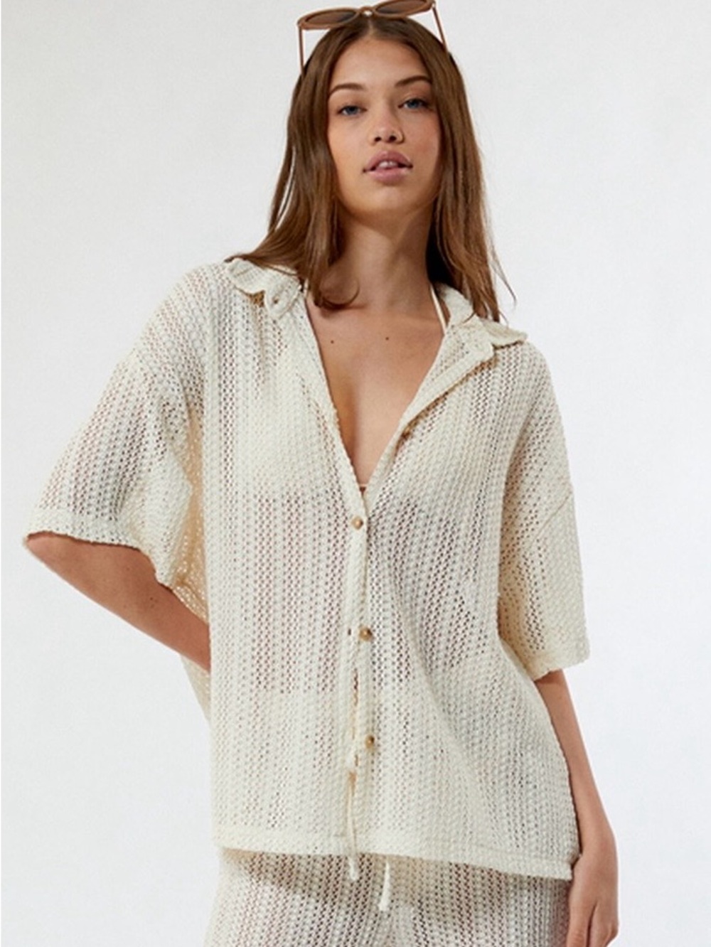Billabong Cream Crochet Button-Up Beach Coverup